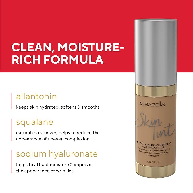 Mirabella Skin Tint Creme Liquid Foundation Makeup, Oil-Free Mineral Foundation for Medium Coverage - w/Hyaluronic Acid, Squalane, & Allantoin for All Skin Types - IIIW Warm