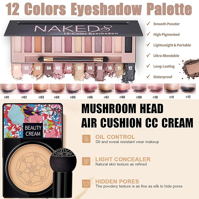 All in One Makeup Kit,Includes Naked Eyeshadow,Liquid Foundation,CC Cream,Lipstick Set,Mascara,Makeup Brush,Makeup Sponge,Eyebrow Powder,Eyebrow Soap,Eyeliner Stamp, Primer,Contour Stick,Cosmetic Bag