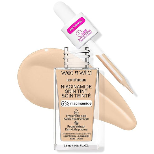 wet n wild Bare Focus Skin Tint, 5% Niacinamide Enriched,Buildable Sheer Lightweight Coverage,Natural Radiant Finish,Hyaluronic & Vitamin Hydration Boost,Cruelty-Free & Vegan-Light Medium Sand