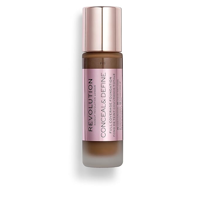 Makeup Revolution Conceal and Define Foundation, Full Coverage & Matte Finish, F15 for Dark Skin Tones, Vegan & Cruelty-Free, 0.7 Fl Oz