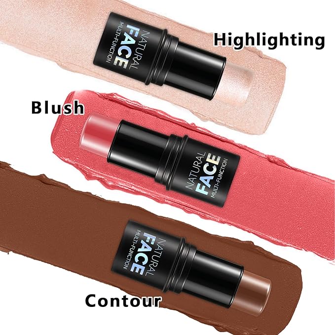 3Pcs Cream Contour Stick Makeup Kit, Shades with Highlighter Stick, Blush Stick and Bronzer Contour Stick for Sculpt the Cheeks, Long Lasting, Waterproof, Matte & Dewy Finish (LIGHT MEDIUM)
