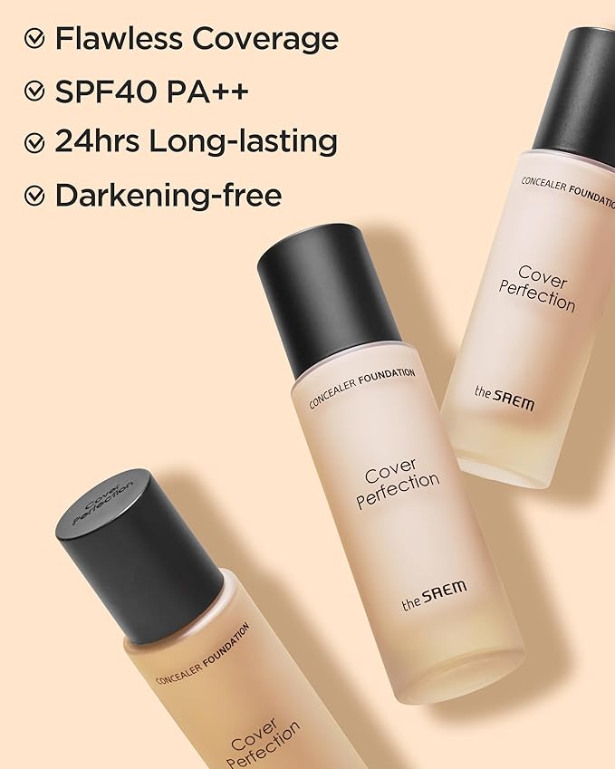 THESAEM Cover Perfection Concealer Foundation - 24H Coverage, Light Liquid Texture - Ideal for Oily, Combination Skin, Provides Semi-Matte, Smooth Finish, 1.01 fl.oz. (1.5 Natural Beige)