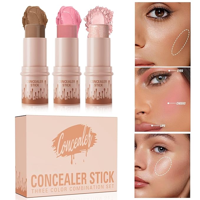3Pcs Contour Stick Set，3 Colors Contour Stick Makeup Set， Long-Lasting Waterproof Concealer Stick Kit，Cream Blush & Highlighter Bronzer Pen (SET-C)