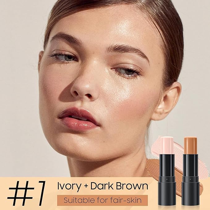 2023 Upgrade Contour Stick, 2 Colors Double-end Contour Highlighter Stick Contour Stick Face Highlighter Contour Makeup Contouring Sticks Cream Concealer (Ivory, Dark Brown)