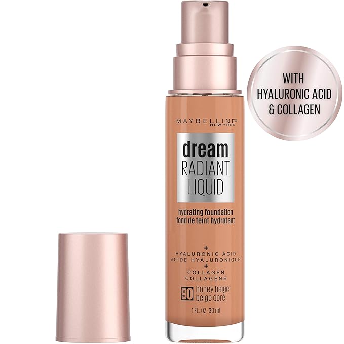 Maybelline Dream Radiant Liquid Medium Coverage Hydrating Makeup, Lightweight Liquid Foundation, Honey Beige, 1 Count