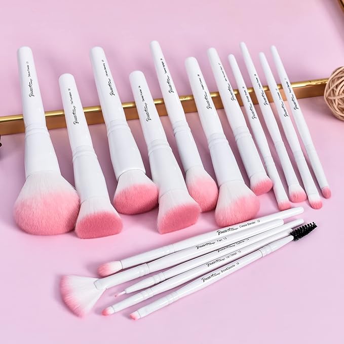 Bueart Design 16Pcs ULTRA SOFT labeled Makeup Brushes set with brush Holder face brush for Foundation Powder Blending Blush wooden Handle(16Pcs White+Pink Holder)