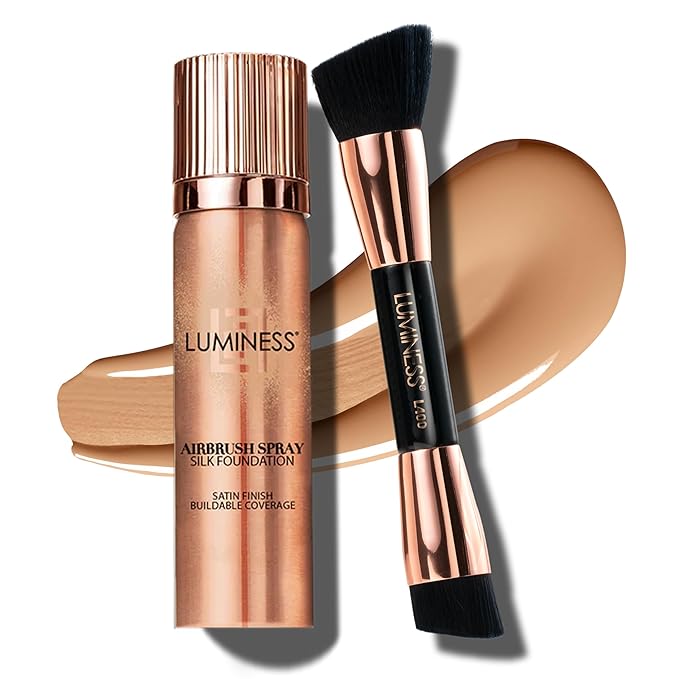 LUMINESS Silk Airbrush Spray Foundation 2-PC Kit - Foundation & Dual-Sided Angled Makeup Brush - Buildable Coverage, Anti-Aging Formula, Humidity Resistant, Hydrates & Moisturizes, Medium Warm