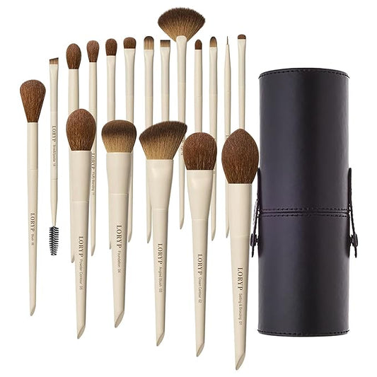 LORYP 18 Piece Makeup Brushes Set Labeled Face and Eye Brush Set Complete with Foundation, Concealer, Contour, Blending, Blush, Eyeshadow Brushes with Travel Holder Case