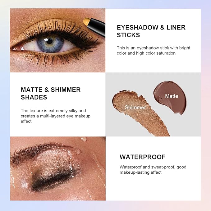 Eyeshadow Stick, Shimmer and Matte Cream Eye Shadow Brightener Sticks Eyeliner Pencil Crayon, Waterproof Long Lasting Eye Highlighter Stick Makeup,0.056 Oz(#8-Fancy)