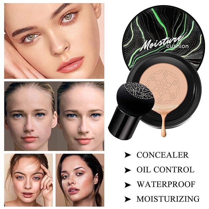 Mushroom Head Air Cushion CC Cream Natural Foundation,Phoera Powder, Bright Makeup Base Long Lasting with Makeup Sponge and Flat Top Kabuki Foundation Brush (#04 Buff Beige)
