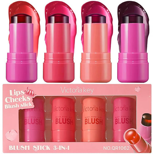 4 Pcs Jelly Blush Stick,Sheer Lip & Cheek Stain Makeup Cooling Water Jelly Tint, Multiple Use Long Lasting Jelly Texture Non-Stick Blush for Cheeks, Pigmented Waterproof Makeup Blush