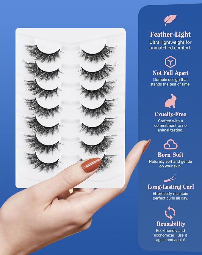 Lashes Cateye Wispy False Eyelashes Volume Flared Mink Eyelash Strip Lashes Soft Cat Eye Lash Natural Pack 7 Pairs Everyday 17MM D74