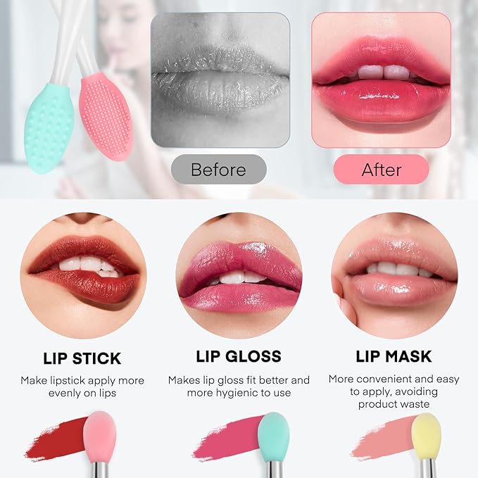 Unaone Lip Scrub Brush - 4 PCS Dual-ended Lip Scrubber Exfoliator and Silicone Lip Brush, 2-in-1 Silicone Lip Scrub Tool Lip Mask Applicator, Gentle Exfoliator & Applicator for Soft