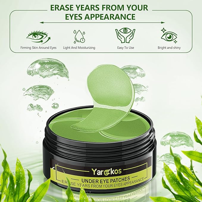 60 Pcs Green Under Eye Patches with 5 Pieces Travel 24K Gold Eye Mask, 30 Pairs Undereye Mask for Dark Circles Puffy Eye Treatment, Collagen Gel Pads Hydrating for Eye Bag Puffiness Wrinkle