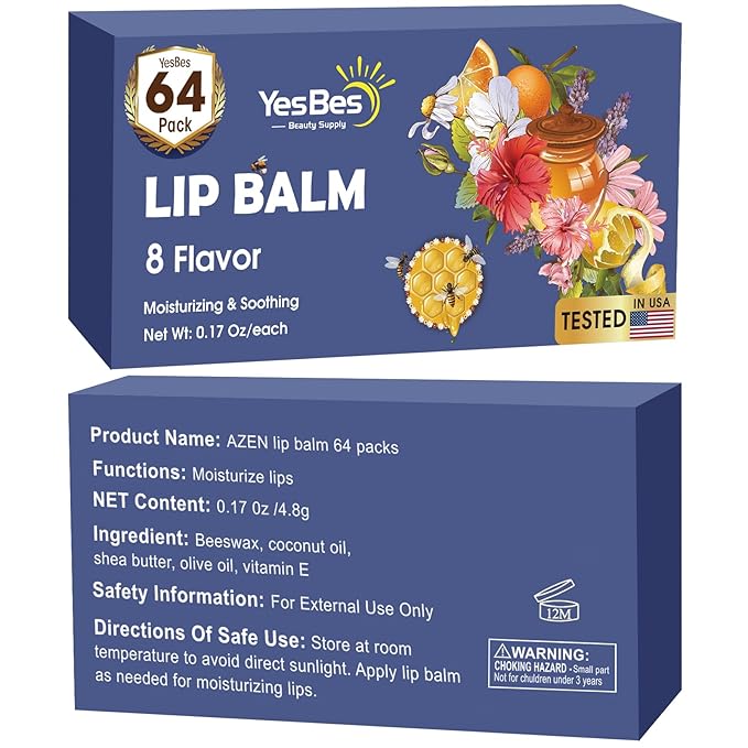 64 Pack Lip Balm, Natural Lip Balm Bulk with Vitamin E and Coconut Oil, Moisturizing Lip Balm for Dry Cracked Lips, Lip Balm for Stocking Stuffers - 8 Flavors