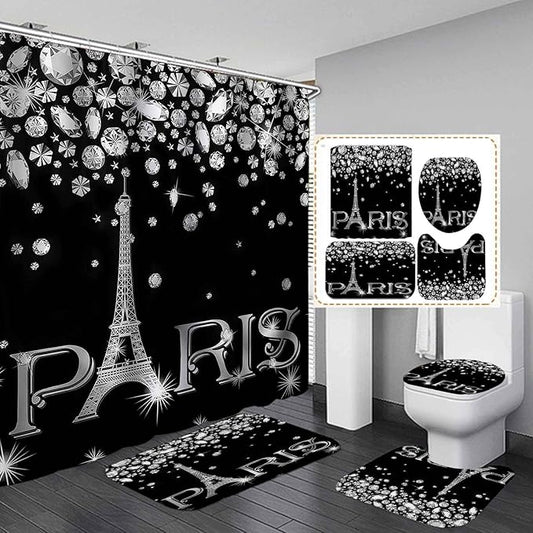 4PCS Eiffel Tower Shower Curtain Set, Luxury Jewelry Rhinestone Bling Diamond Paris Bathroom Decor, Waterproof Fabric Black Shower Curtain, Non-slip Bath Mat Toilet Lid Cover Bathroom Rugs