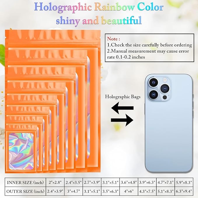 ANZNKU 100 Pcs Smell Proof Mylar Resealable Bags, Holographic Packaging Bags, Resealable Odor Foil Pouch Zip Bag with Clear Window for Food Storage and Lipgloss, Jewelry Lash (Orange, 4.7 x 7.9 Inch)