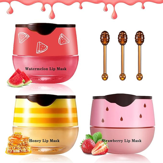3PCS Bee Lip Balm Honey Pot Honey Strawberry Watermelon Lip Balm Sleeping Lip Mask Silky Hydrating Bee Lip Balm Honey Lip Mask Overnight Lip Care Products(Honey+Strawberry+Watermelon)