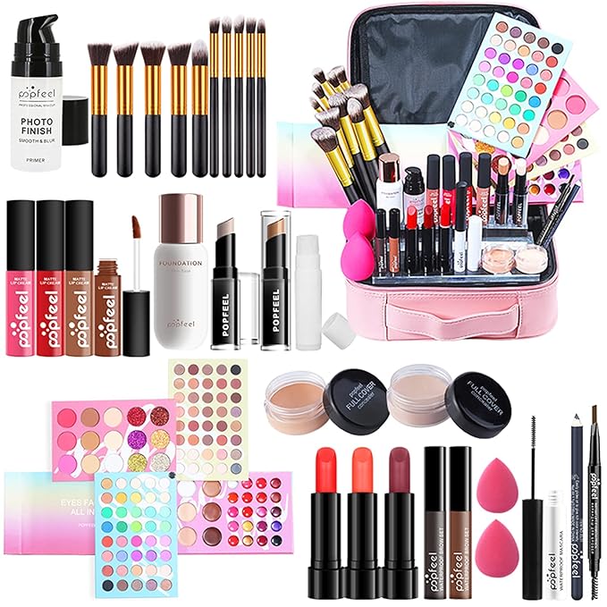 All-in-one Makeup Set Holiday Gift | Full Makeup Kit for Women Essential Starter Bundle Include Eyeshadow Palette Lipstick Blush Cream Concealer Face Powder Eyeliner Mascara Lipgloss Brush