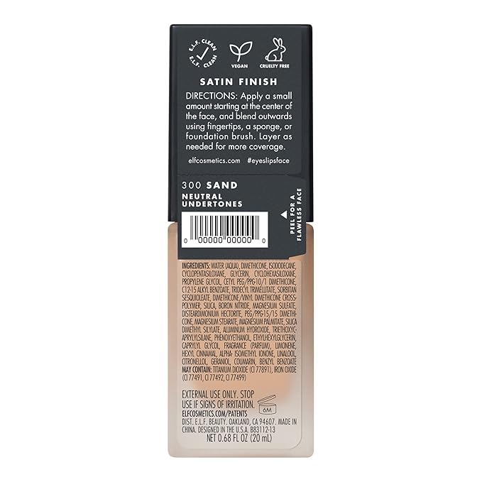 e.l.f. Flawless Finish Foundation, Lightweight & Medium Coverage, Semi-Matte Finish, Sand, 0.68 Fl Oz (20mL