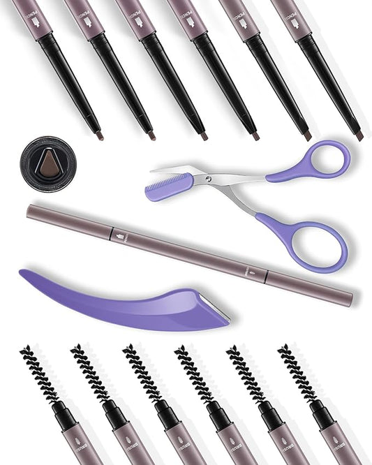6Pcs Microblading Eyebrow Pencils Brown Waterproof Eye Brow Pencil w/Eye Brow Razor & Scissors Kit 0.5mm Ultra-Fine Tip Creates Hair-Like Strokes for Women Effortless Natural Brows