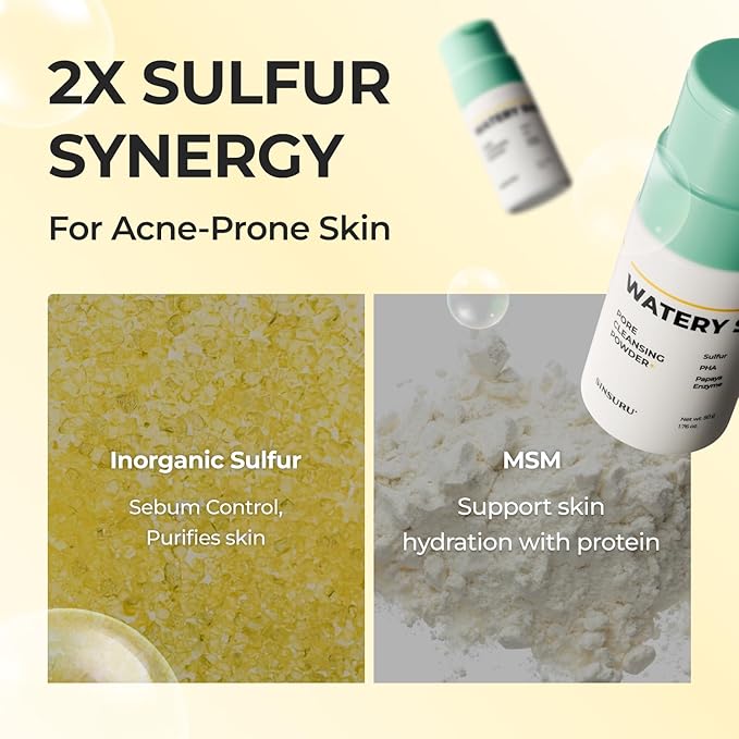 Watery Sulfur Pore Cleansing Powder, Korean Enzyme & Rice Powder & PHA Face Wash for Blackhead Removal, Sensitive and Acne-Prone Skin, Radiant Glow, Bumpy skin (1.76 oz / 50g)