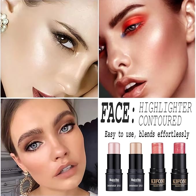 4 Pcs Cruelty-Free Waterproof Highlighter Makeup Sticks Shimmer Illuminator and Blush Stick Face Contour Cosmetics Set Easy To Use Blends Effortlessly