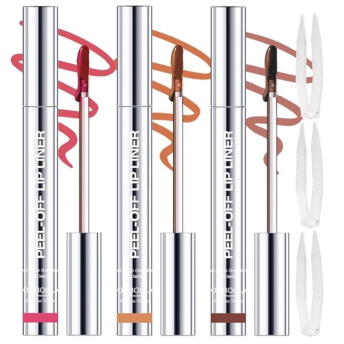 3 Colors Peel Off Lip Liner Stain with Tweezer, Long Lasting Waterproof Lip Tint Stains Makeup Set with Matte Finish for Women, Natural Look, Easy to Use, for All Skin Types (#015, M)