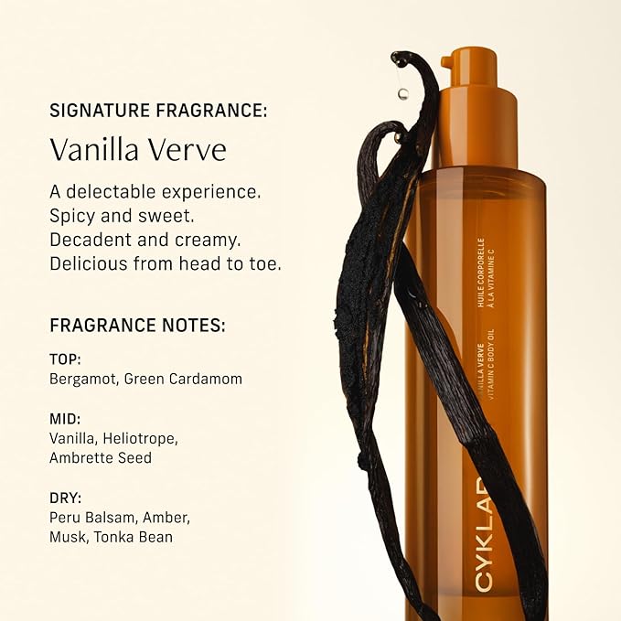 Vitamin C Body Oil for Women and Men. Moisturizing Vanilla Verve Scented Body Serum for Glowing Skin. Nourishing, Hydrating After-Shower and Bath Skin Care Moisturizer, 4.2 Fl Oz