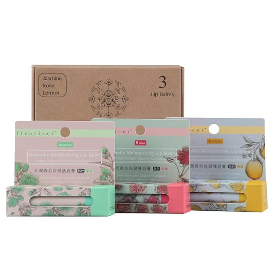 Aromatic Moisturizing Lip Balm-Jasmine, Rose, Lemon | Hydrating, Colorless & Lightly Scented lip moisturizer with Vitamin E (Pack of 3 Scents-0.12oz EA.)