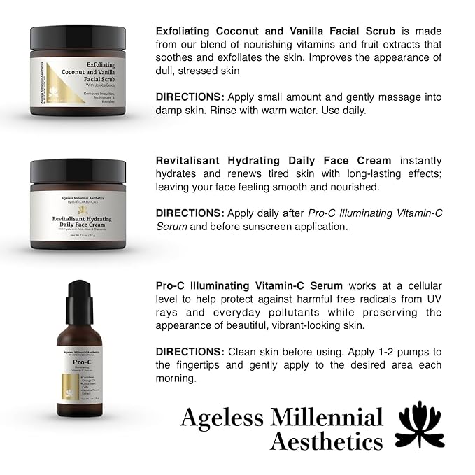 Ageless Millennial Aesthetics - Days Skin Care Gift Box - 1 Exfoliating Coconut Scrub - 2.0oz, 1 Pro-C Illuminating Antioxidant Serum - 1.0oz, and 1 Revitalisant Hydrating Cream - 2.0oz