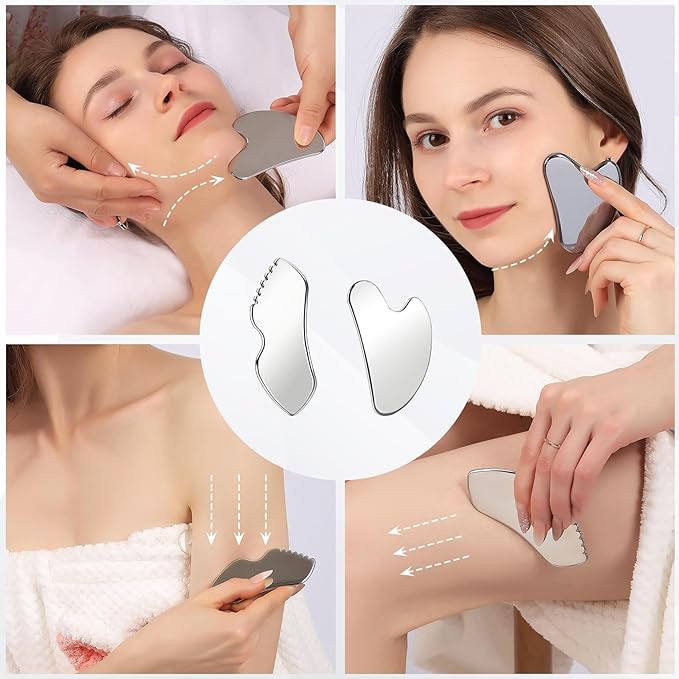 2Pcs Stainless Steel Gua Sha Facial Tools Set, Metal Face Comb Detail Skin Care Tools, Body and Face Gua Sha Sculpting for Tighten Skin Lymphatic Drainage