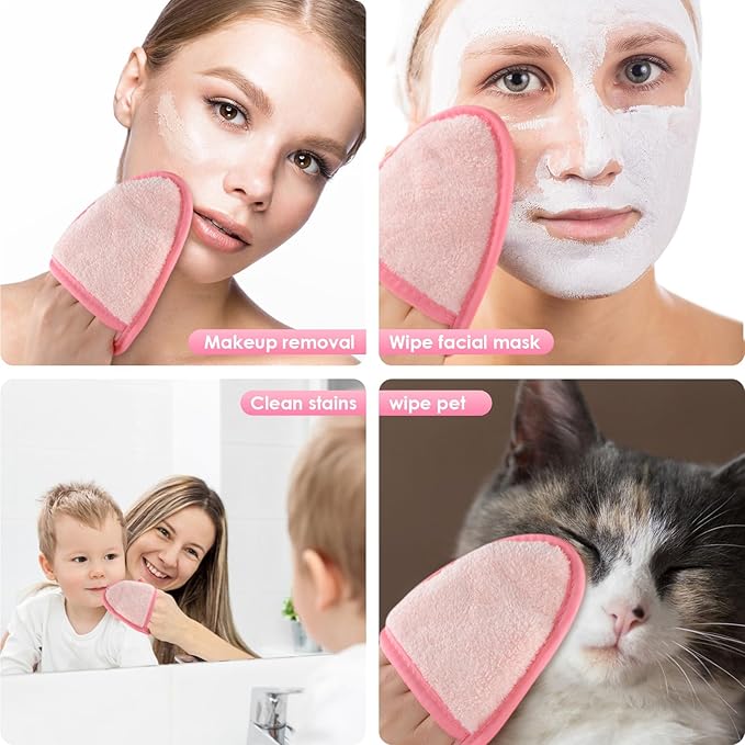 SINLAND Reusable Makeup Remover Pads For Face,Eye,Lips Microfiber Gentle Facial Cleansing Cloths for All Skin Types Friendly for Makeup Remover With Laundry Bag 5.1inchx3.93inch Pink Pack of 6