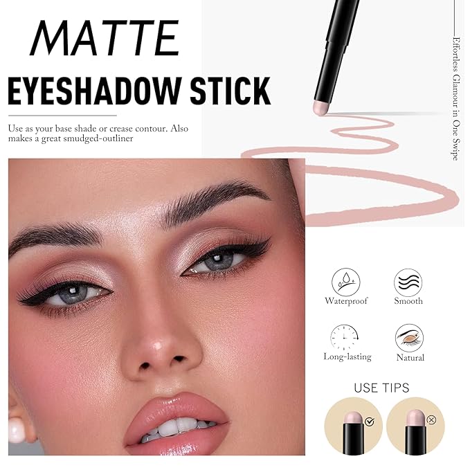 Eyeshadow Stick Rose Nude, Matte Cream Eye Shadow Stick Waterproof Pink Eyeliner Brightener Pencil Crayon Long-Lasting Eye Highlighter Makeup for Older Women Easy to Use High Pigmented