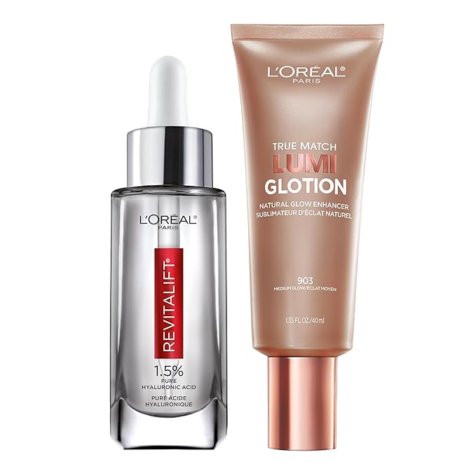 L'Oreal Paris Revitalift 1.5% Pure Hyaluronic Acid Face Serum 1.0 oz + True Match Lumi Glotion Natural Glow Enhancer Lotion, Medium 1.35 fl. oz, 1 kit