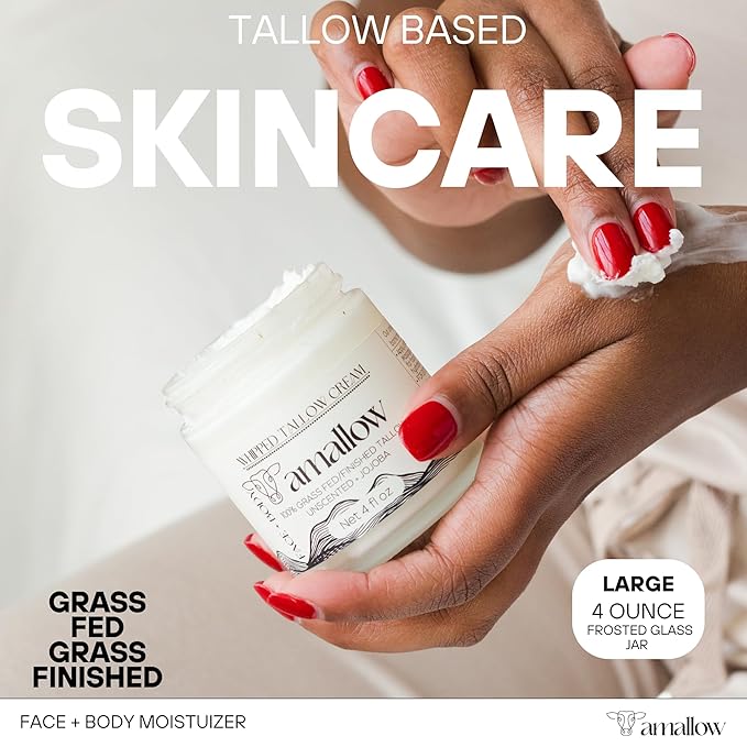 Amallow 100% Grass Fed Beef Tallow for Skin Care - Face + Body - Whipped Moisturizer for Sensitive Skin - Natural Lotion, 4 FL. oz. (Unscented + Jojoba Oil)