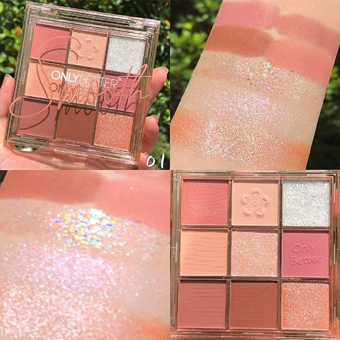 Pink Eyeshadow Palette - 9 Shades, Metallic & Shimmers, Long Lasting, Sweatproof & Waterproof