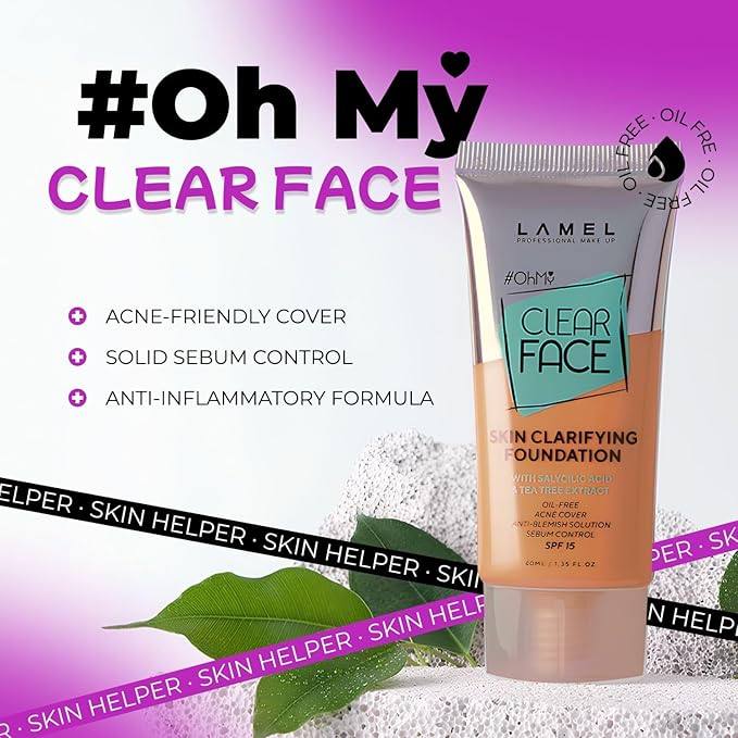 Lamel- Oh my Clear Face Foundation- SPF15-408 Golden | Contains tea tree extract and salicylic acid |Controls sebum production |Anti-blemish formula |SPF 15 |Oil free foundation | 40ml