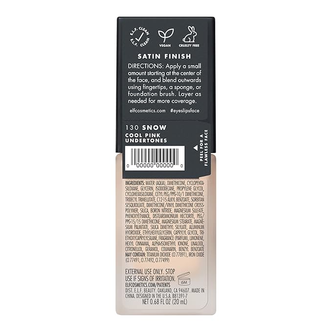 e.l.f. Flawless Finish Foundation, Lightweight & Medium Coverage, Semi-Matte Finish, Snow, 0.68 Fl Oz (20mL)