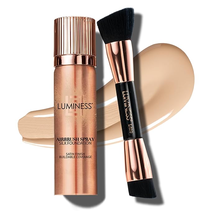 LUMINESS Silk Airbrush Spray Foundation 2-PC Kit - Foundation & Dual-Sided Angled Makeup Brush - Buildable Coverage, Anti-Aging Formula, Humidity Resistant, Hydrates & Moisturizes, Light Fair