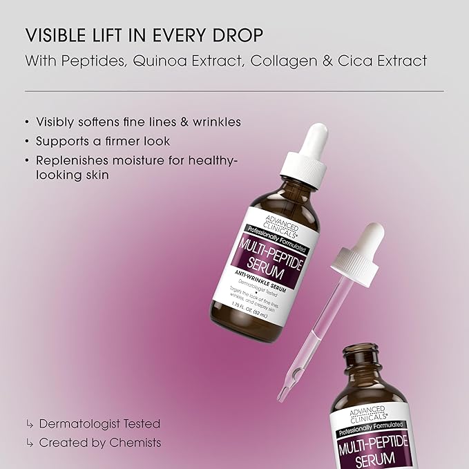 Advanced Clinicals Multi Peptides Serum For Face | Visible Anti Aging Hydrating Collagen Peptide Facial Serum With Vitamin E Helps Improve Look Of Wrinkles, Puffiness, & Uneven Skin Tone, 1.75 Fl Oz