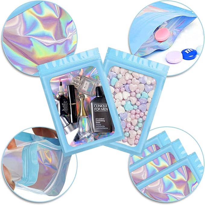 ANZNKU 100 Pack Mylar Bags Reasealable Holographic Bags, Smell Proof Bag Zipper Pouches with Clear Window, Jewelry Candy Sealable Bag for Packaging Sample Party Favor(Blue, 7.1 x 10.2 Inch)
