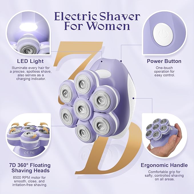 7D Electric Razor for Women: Fast & Painless Full-Body Shaver for Legs & Face – Waterproof Hair Remover with Light & Travel Cover – Wet/Dry Use, Smooth Close Shave, Birthday Mother’s Gift