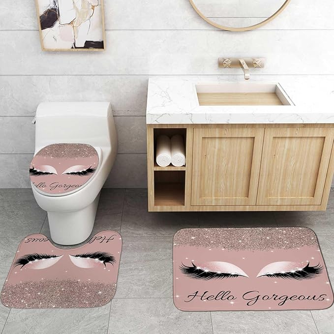 4PCS Hello Gorgeous Shower Curtain Sets with Rugs, Rose Gold Glitter Bling Glam Makeup Diamond Unicorn Eyelash Bathroom Decor, Waterproof Fabric Pink Shower Curtain Girly Gifts for Girls Women