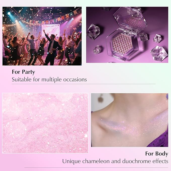 Pink Glitter Eyeshadow Palette, Multichrome Chameleon Cream to Powder Eye Shadow, Color Shifting Holographic Eyeshadow Shimmer Inner Corner Eye Brightener Highlighter Makeup