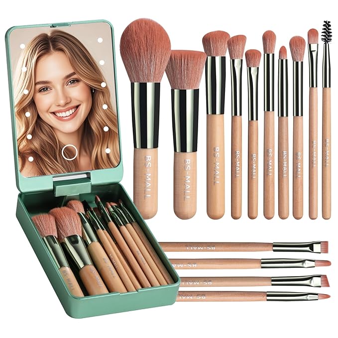 BS-MALL Travel Makeup Brush Set Foundation Powder Concealers Eye Shadows Makeup Set with LED light Mirror 14 Pcs (Green)
