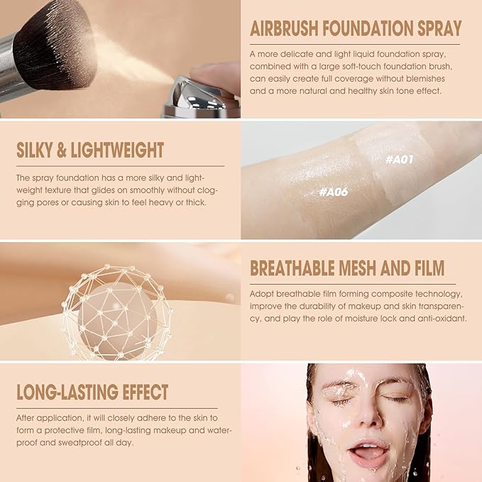 AirBrush Foundation Spray, Silky Mist Foundation Spray Makeup Set with Brush, Full Coverage Foundation for Smooth Radiant Finish, Formula Breathable Lightweight Hydrating | #A06 Pearl