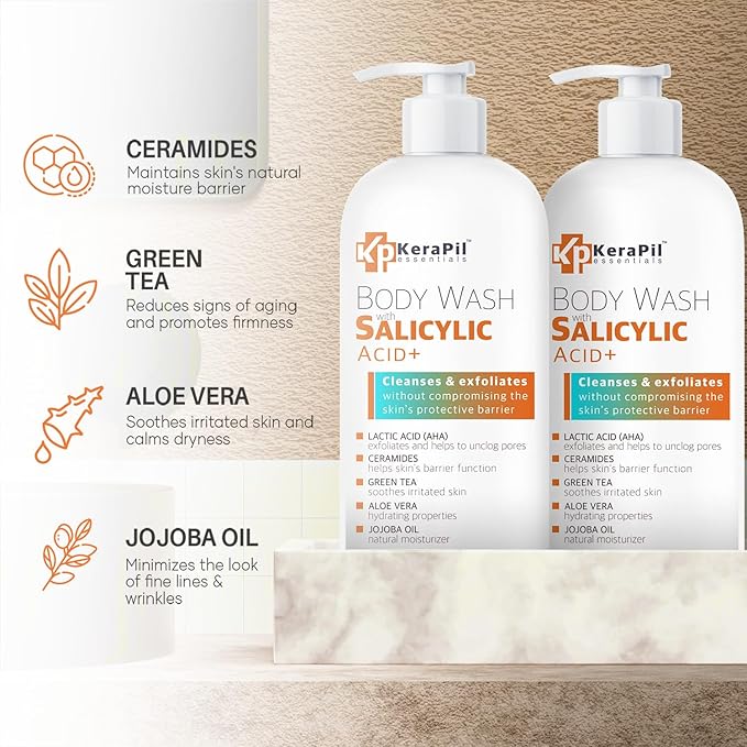 Salicylic Acid Body Wash - Skin Non-drying, Gentle Exfoliates Rough and Bumpy Skin, Body Acne Wash, BHA & AHA - Unscented Exfoliating Body Wash, Made in USA - (16 fl oz x 2)