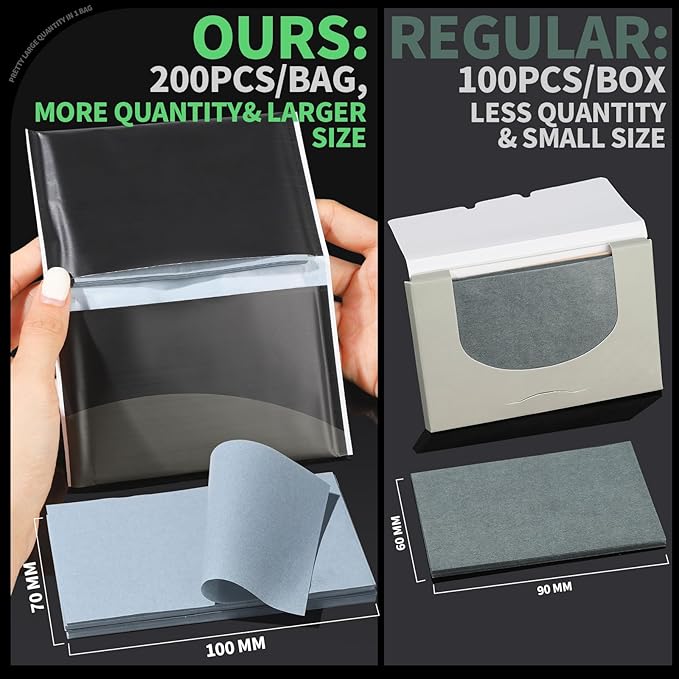 Blotting Paper for Oily Skin, Natural Bamboo Charcoal Blotting Paper, Oil Blotting Sheets for Face, 100 * 70MM Large Oil Absorbing Sheets Makeup Face Tissues, 200 Counts