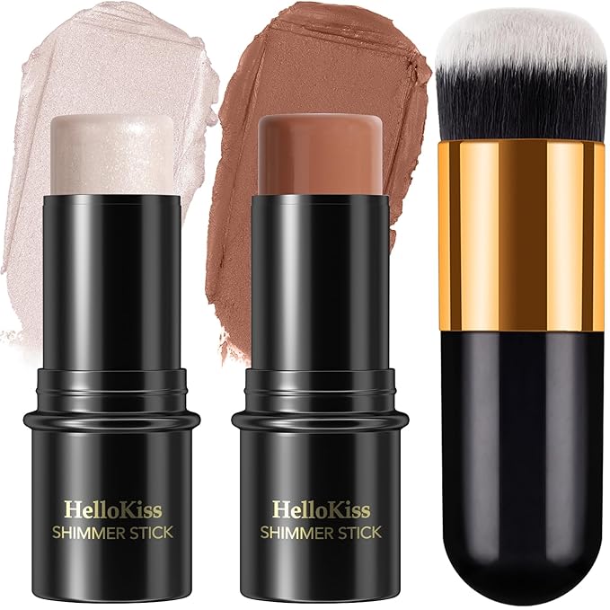 2Pcs Cream Contour Stick Makeup Kit, Cream Highlighter Stick and Bronzer Contour Stick with Longwear Waterproof Formula for Brightening and Trimming the Cheeks, Makeup Brush Include (#01, 06)